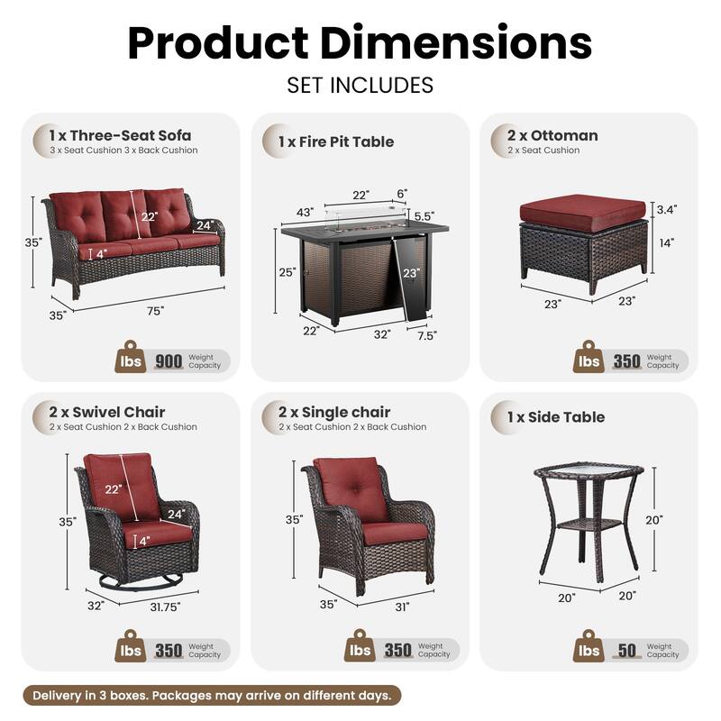 Gymojoy 10-Piece Outdoor Wicker Patio Set with Swivel Glider Chairs & 55,000 BTU Fire Pit Table for Garden, Backyard, Poolside