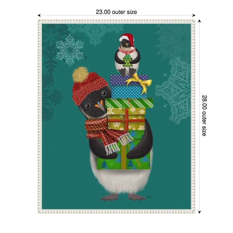 Christmas Penguin Gifts by Fab Funky (23 x 28 in.), Framed Canvas Wall Art Print - Sylvie Beaded White