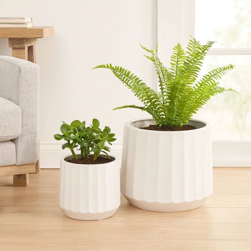 Fusie Planter Set of 2, Round, White Finish Ceramic, Vertical Faceted
