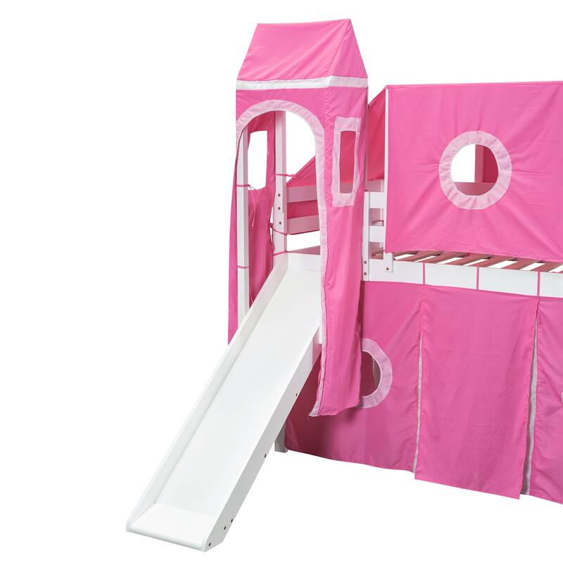 Twin Pine Loft Bed with Staircase, Slide, Tent, Tower, and Guardrail