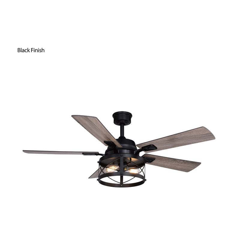 Elburn Black Farmhouse Ceiling Fan with Caged Drum LED Light Kit and Remote - 52-in W x 18.75-in H x 52-in D