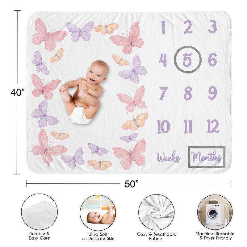 Sweet Jojo Designs Pink/Purple Shabby Chic Butterfly Girl Baby Monthly Milestone Blanket - Colorful Butterflies Lilac Watercolor
