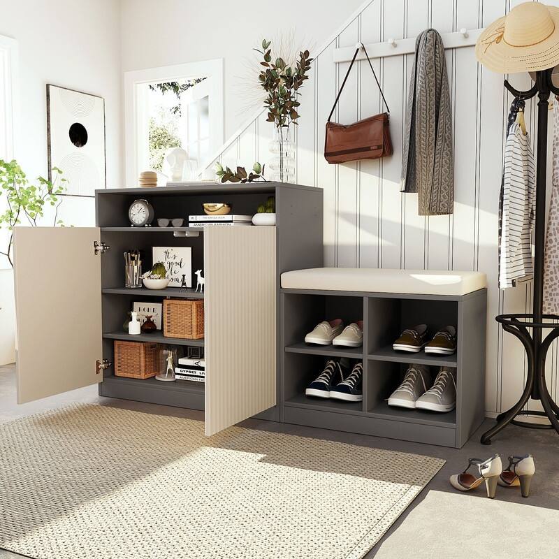 Entryway Bench Cabinet With Cushion, 2 Doors and 3-Tier Adjustable Shelves for Entryway Organization