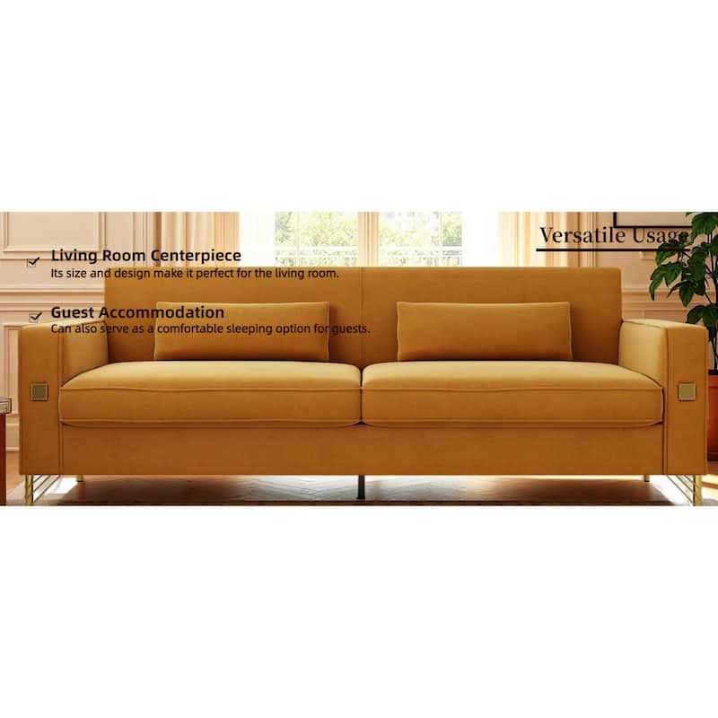 Roomfitters Mid-Century Modern Upholstered Sofa with Gold Metal Legs and Square Arms, Elegant Couch for Living Room