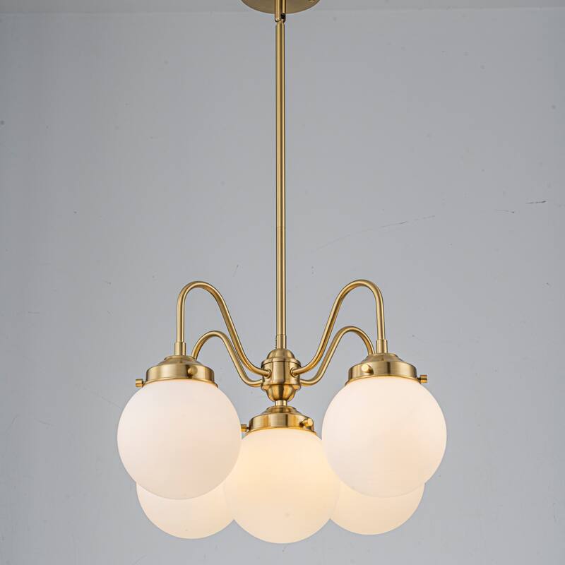 5-Light Mid-Century Modern Brass-Tone & Frosted Glass Chandelier for Living Room - 5 Light