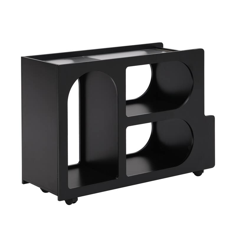 Mobile End Table on Lockable Wheels, Glass Top Narrow Coffee Table, Sofa Table with Open Storage for Living Room