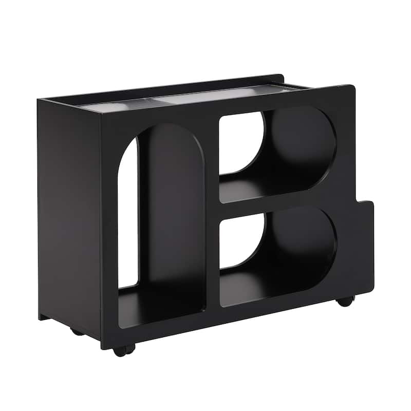 Roomfitters Mobile End Table with Lockable Wheels, Narrow Coffee Table with Fluted Tempered Glass and Golden Rod Design
