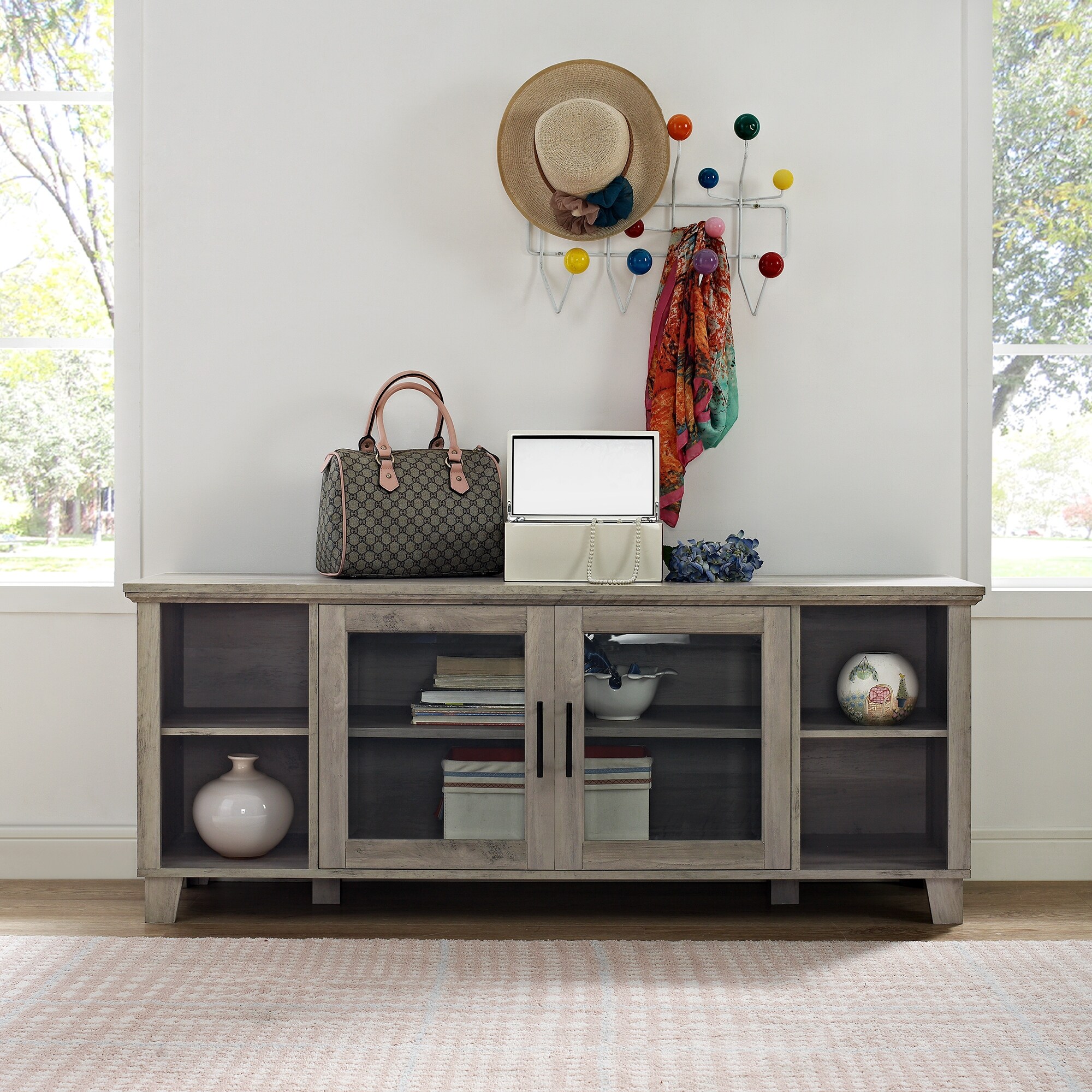 Middlebrook Designs 58 Inch Glass Door Tv Stand Console Overstock 20479905 20th century chrome glass console table unique glass and chrome console table founded atop asymmetric metal base.