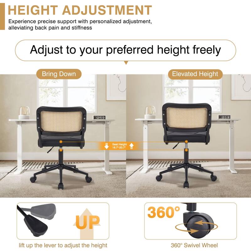 Javlergo Armless Home Office Desk Chair, Height Adjustable PU Leather Computer Task with 360° Swivel Rolling Wheels