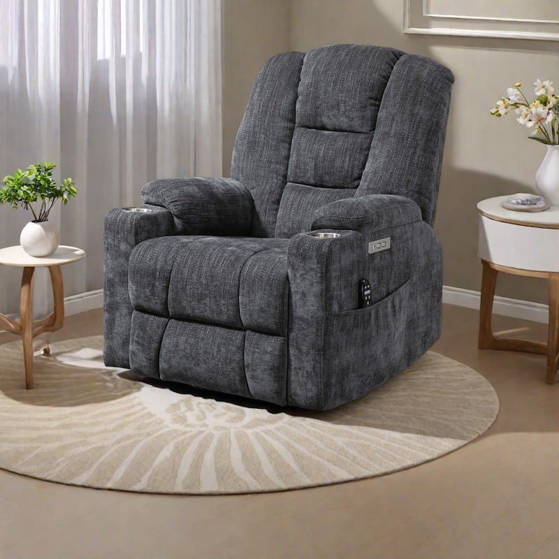 Power Lift Recliner Chair with Dual USB Ports, Cup Holders, Chenille Fabric, 155° Recline, Easy Assembly - Grey