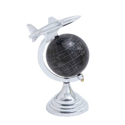 Aluminum Metal Airplane World Map Globe - Silver - Roche River Decor - 8"W x 8"L x 12"H