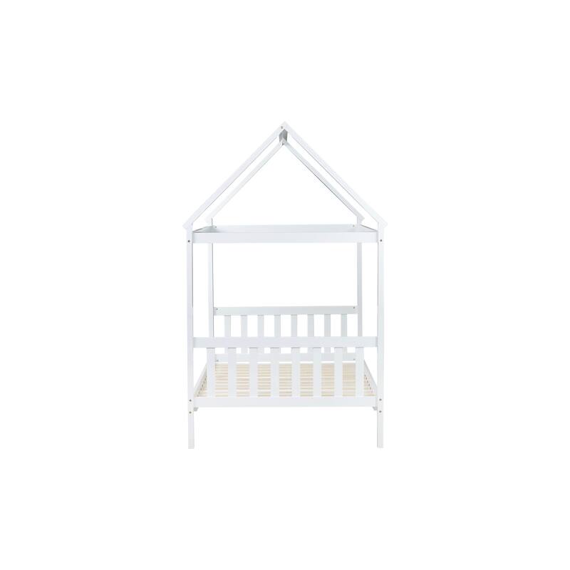 Twin Over Twin House Floor Bunk Bed Low Profile Bed Frame with Headboard and Footboard