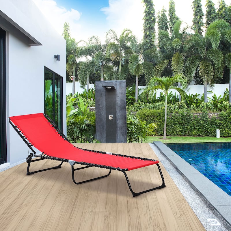 Outdoor Foldable Chaise Lounge Chair Sun Lounger with Adjustable Backrest for Beach Patio Poolside - Red