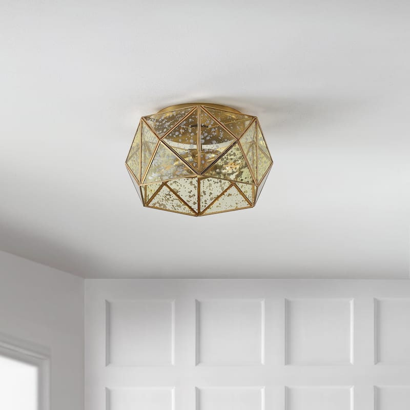 Theo 12.5" 2-Light Industrial Vintage Iron/Glass LED Flush Mount, Brass Gold by JONATHAN Y - 2 Light