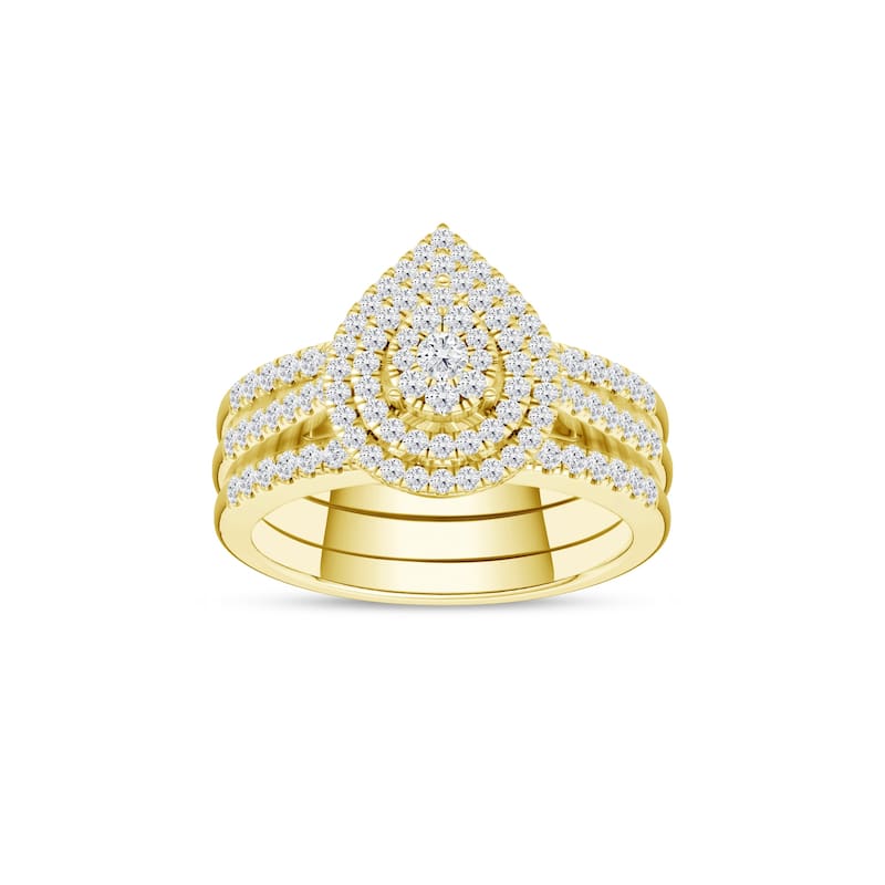 5/8Ct TDW Diamond Pear Shaped Cluster Halo Bridal Set in 10K Yellow Gold for Women