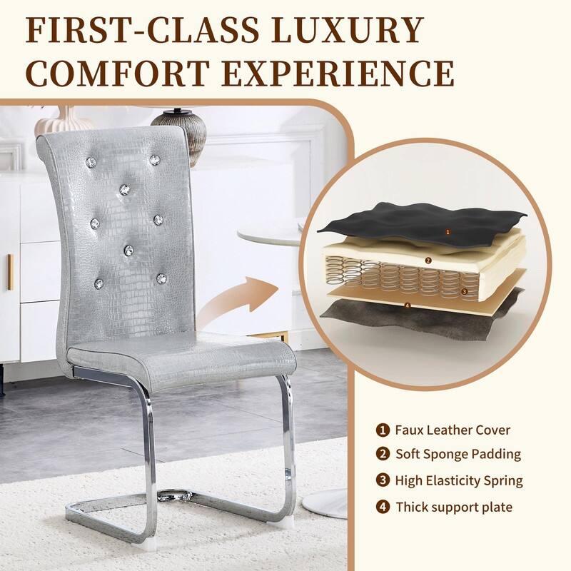 Set of 2 Retro Alligator Skin Upholstered Dining Chairs with Crystal Buckle Design & Faux Leather