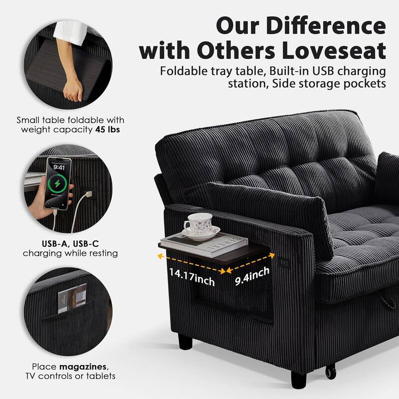 Sleeper Sofa Bed, 52" Convertible Pull Out Couch with Small Table,USB Port,Side Pockets,Corduroy Fabric,Adjustable Backrest