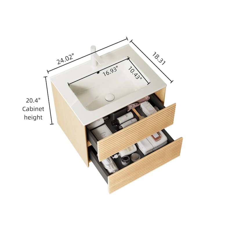 Minimalist Wall Floating Bathroom Vanity Horizontal Stripe Storage Cabinet with Integrated Sink and 2 Soft Close Drawers