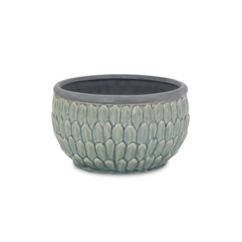 HomeRoots 8" Aqua Textural Tone On Tone Ceramic Indoor Outdoor Round Pot Planter