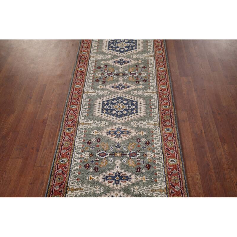 Green Geometric Viss Oriental Runner Rug Handmade Wool Carpet - 2'6"x 8'1"