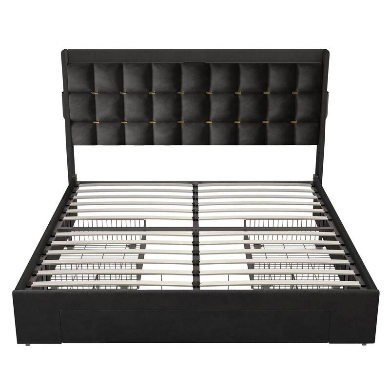 Moasis Queen/King Size Velvet Upholstered Bed with Charging Station and Storage Drawers
