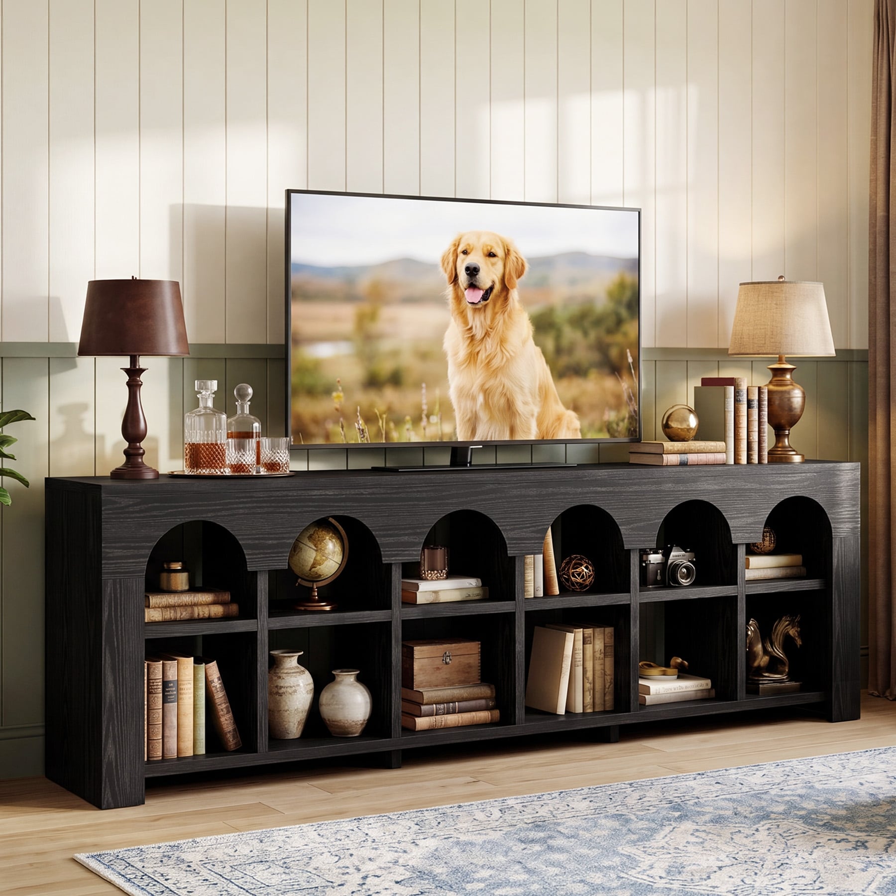 63" TV Stand for 65/70/75-Inch TVs, Farmhouse Wooden TV Console Entertainment Center with 12 Cubbies for Living Room