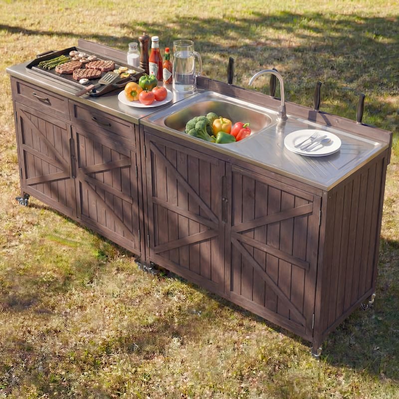 39.4" Outdoor Kitchen Island with Sink, Outdoor Kitchen Cabinet with Back Splash & 4 Wheels for Pizza Prep