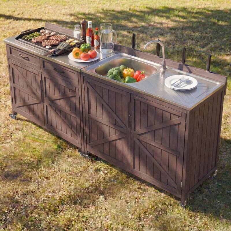 39.4" Outdoor Kitchen Island with Sink, Outdoor Kitchen Sink Station w/ 304 Stainless Steel Sink, Hose Hook Up & Faucet