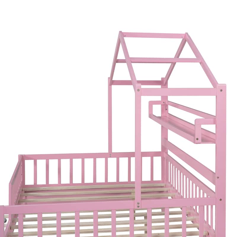 Full/Twin House Bed with Twin Trundle, Playhouse Bed for Kids with Storage Shelves, Pinewood and MDF Frame