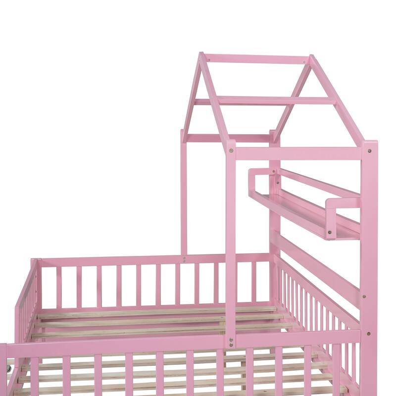 Pine House Bed with Trundle, Shelf & Guardrail