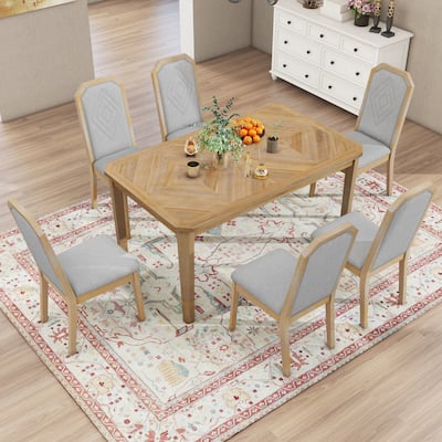 7-Piece Farmhouse Dining Set Classic Rustic Table and 6 high-back design Chairs for Dining Room, Kitchen