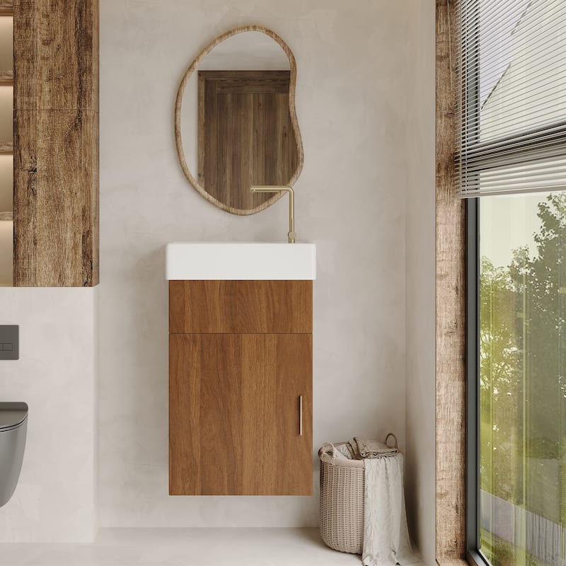 GDFStudio - Modern Compact 16.5" Floating Wall-Mounted Bathroom Vanity with Intergrated Ceramic Basin & Soft-Close Door - Walnut,White