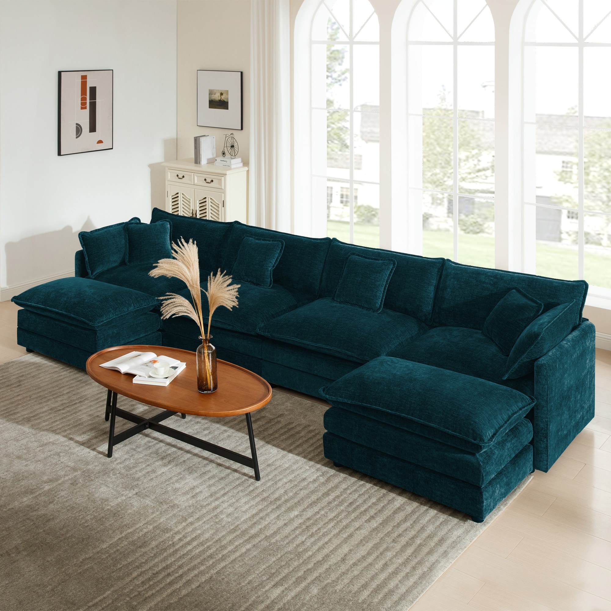 Roomfitters Chenille Comfort U-Shaped Sectional Couch, Double Ottomans, Reversible Chaise