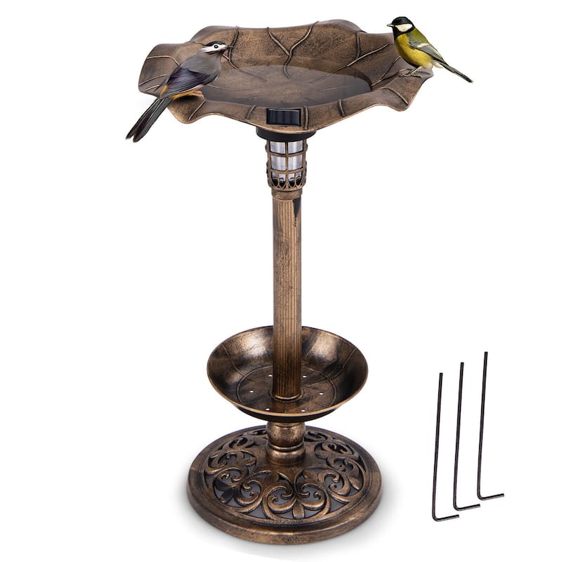 Gymax Solar Bird Bath Standing Pedestal Birdbath & Feeder Combo w/