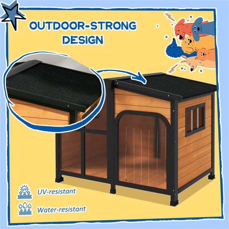 Natural Wooden Dog House with Weatherproof Asphalt Roof, Raised Floor & Openable Roof for Easy Access