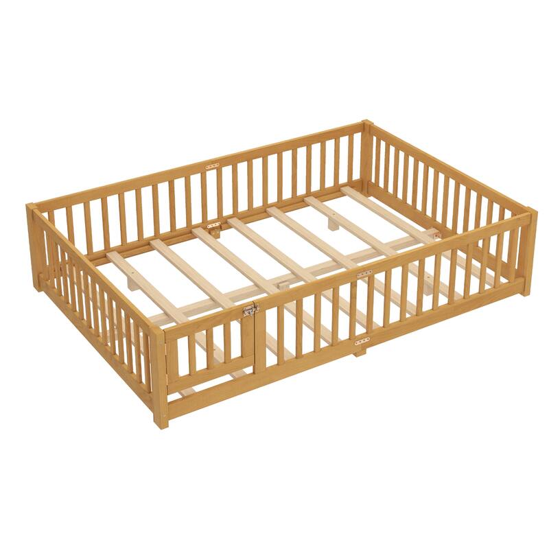 Queen Size Natural Floor Bed w/ Safety Guardrails & Door for Kids
