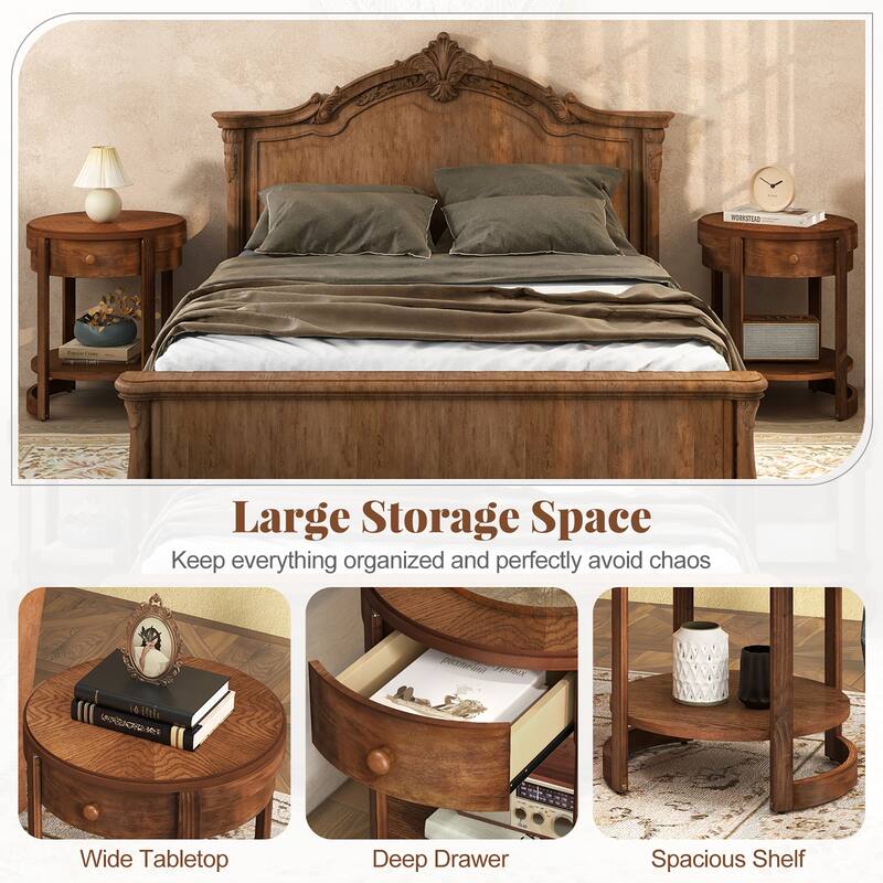 Gymax 2-Tier Nightstand w/ Shelf & Wood Grains Drawer Round End Table