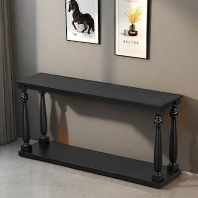 63" Pine Vintage Wood Grain Console Table - Sculptural Vase Legs & Lower Shelf