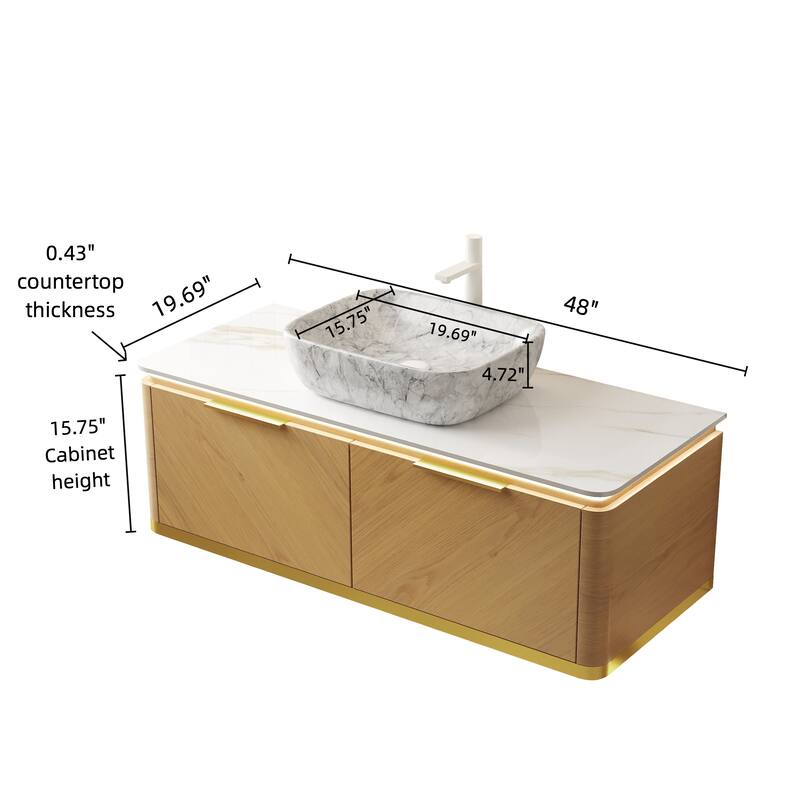 48" Bathroom Vanity with Vessel Sink Floating Storage Cabinet with Sensor Light and 2 Drawers, Pre-assembled
