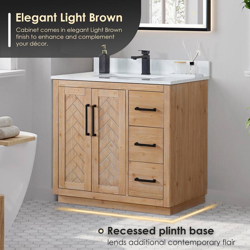 Anais Single Bathroom Vanity in Light Brown with Grain White Engineered Stone Countertop with Mirror