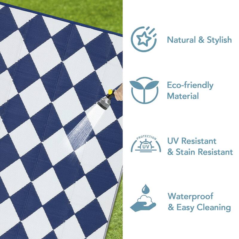 Outdoor Rug Waterproof Reversible Rug Plastic Straw Rug Checkered Floor Mat Outside Carpet for Camping RV Backyard Patio