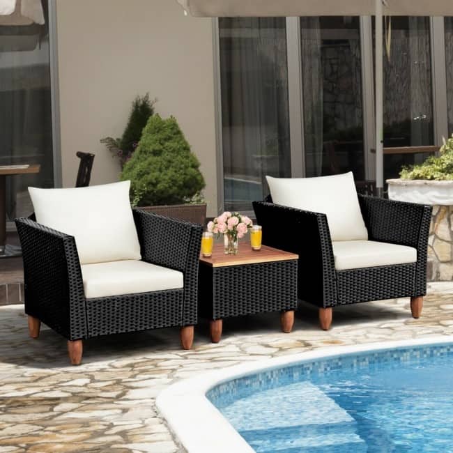 3 Pcs Outdoor Patio Rattan Furniture Set Wooden Table Top Cushioned Sofa - 29" x 27" x 28" (L x W x H)