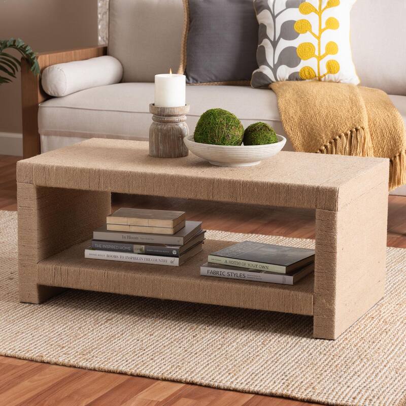 Adaya Handwoven Jute Coffee Table - Rectangular Living Room Table with Open Shelf, Handcrafted Boho Accent Furniture