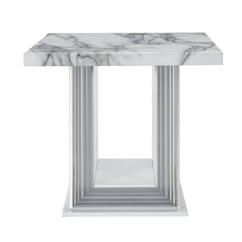 HomeRoots 24" White and Silver Faux Marble and Wood Pedestal End Table - 26' X '24.4' X '26