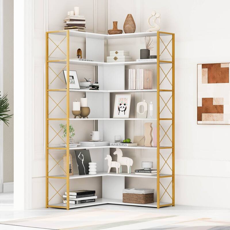7-Tier Bookcase Home Office Bookshelf, L-Shaped Corner Bookcase with Metal Frame
