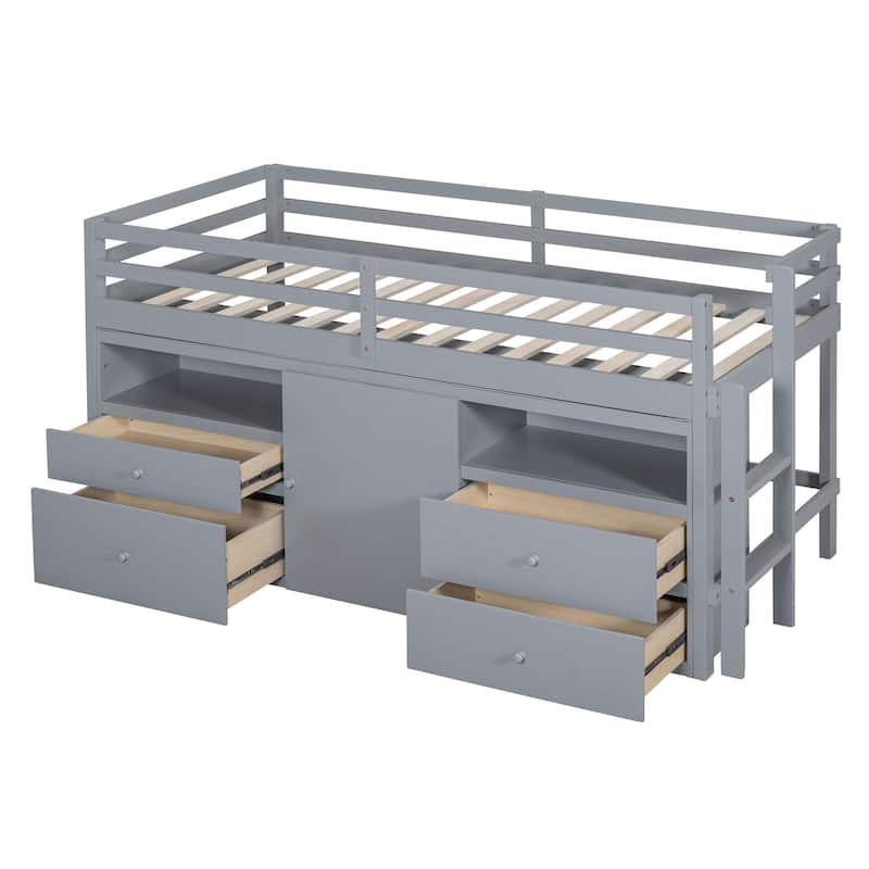 Space-Saving Twin Loft Bed with Drawers, Cabinet, and Shelves in Gray