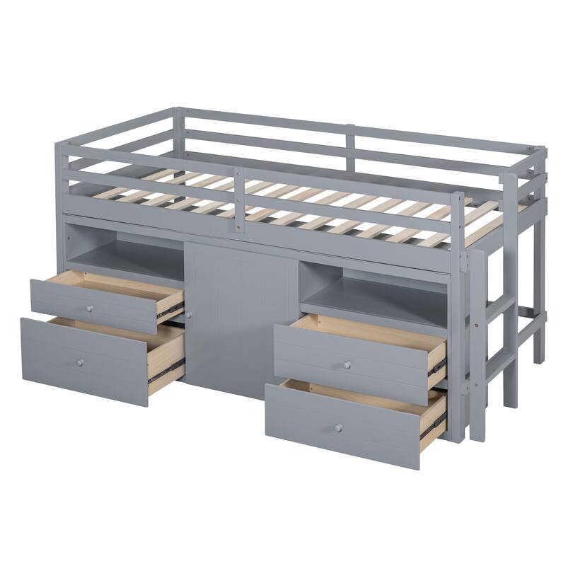 Twin Size Solid Wood Loft Bed with 4 Drawers, Underneath Cabinet and Shelves