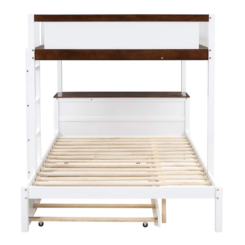 Full-Over-Full Bunk Bed with Twin size Trundle, Storage and Desk, White+Walnut