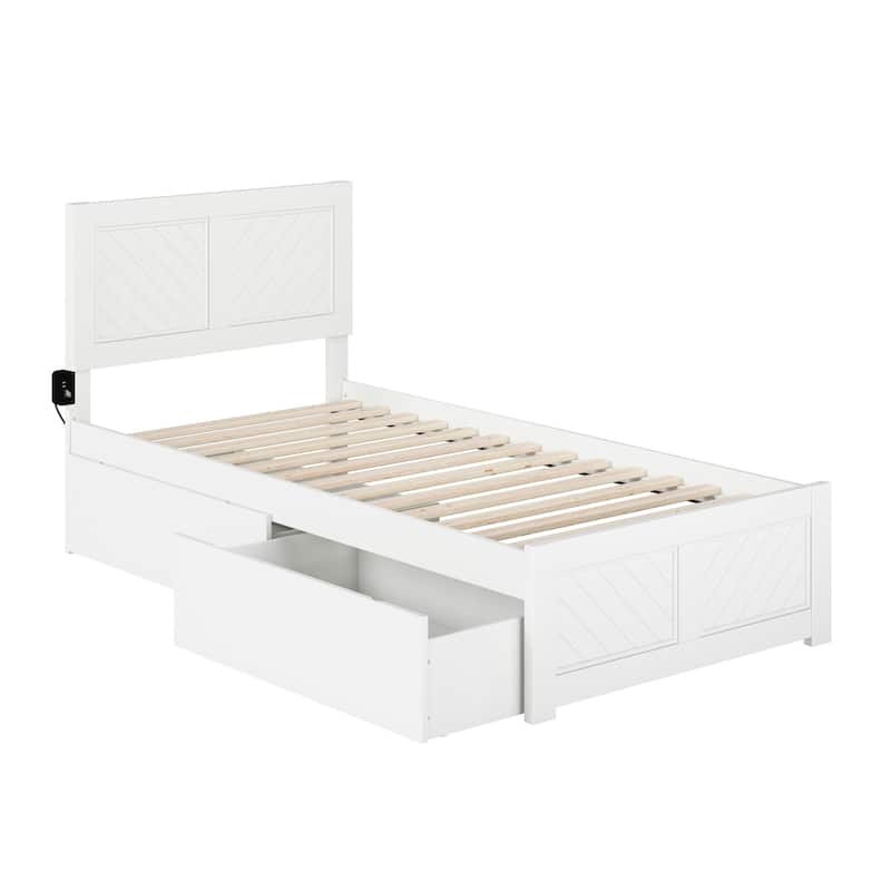 Twin XL Platform Bed with Storage & Footboard - Modern Bedroom Furniture Set - White Finish