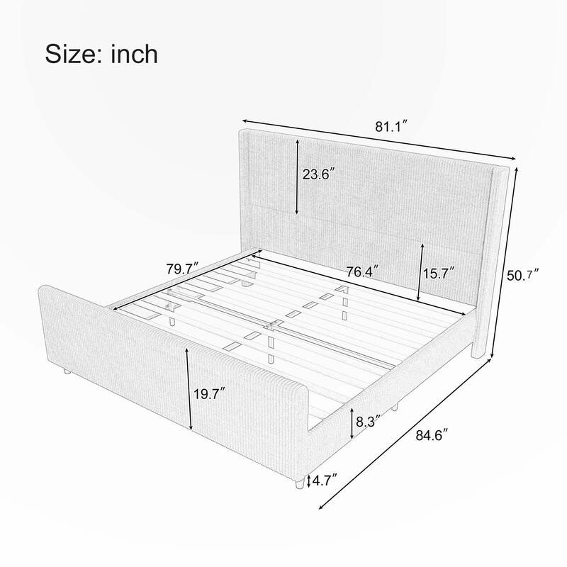 Corduroy Upholstered Bed Frame with Vertical Stripe Wingback and High Footboard